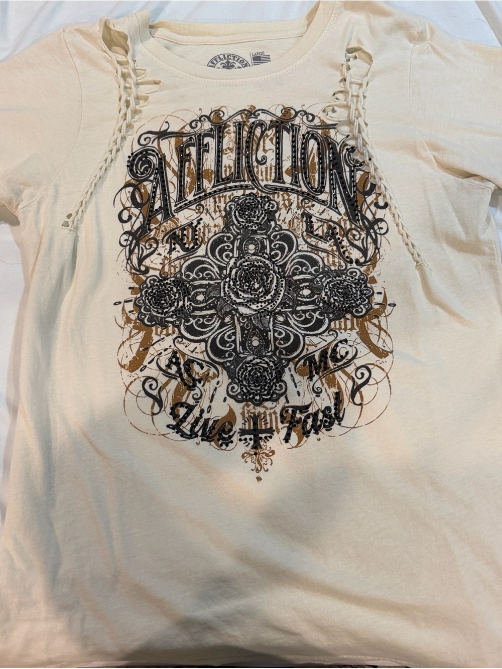 Affliction Cream Short Sleeve Lace-Up Graphic Tee with Black & Gold Print